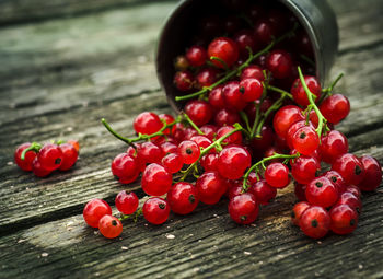 Close-up of red currants spilling on table