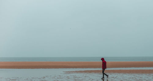 Rear view of person standing on beach against clear sky