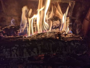 Close-up of fire on log at night