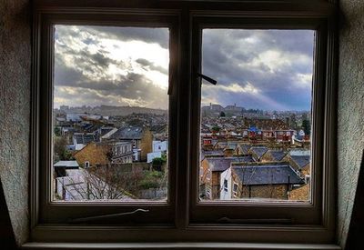 View of city through window