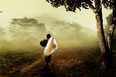 Rear view of silhouette man carrying fishing net on field against trees during sunset