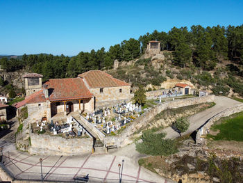 High angle view of townscape against clear blue sky