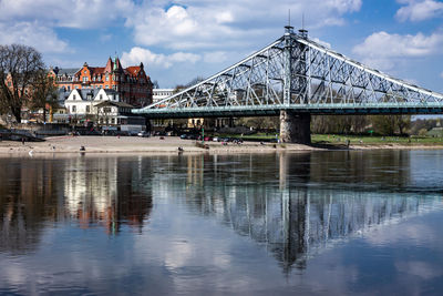 Bridge over river with buildings in background