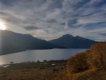 Scenic view of lake and mountains against sky