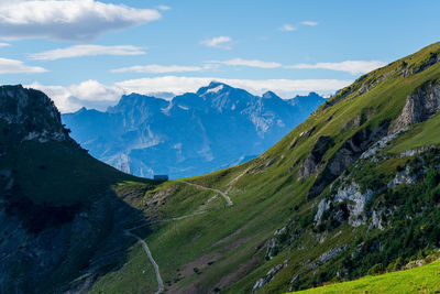 Panoramic view from fronalpstock of the swiss mountains on lake lucerne.