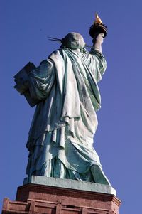 Low angle view of statue against clear blue sky