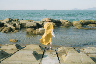 Rear view of woman standing at beach