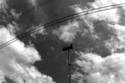 Low angle view of power lines against cloudy sky