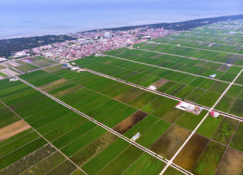 High angle view of soccer field