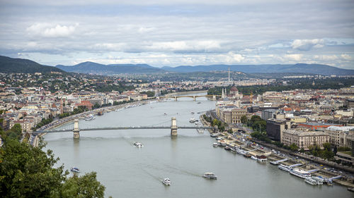 Aerial view of budapest skyline and elisabeth bridge.