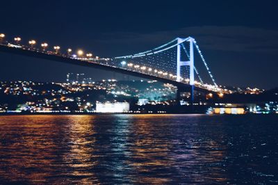 Suspension bridge over river at night