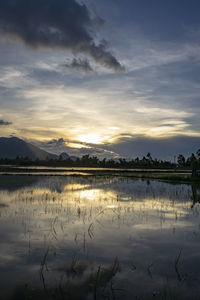 Scenic view of lake against sky during sunset