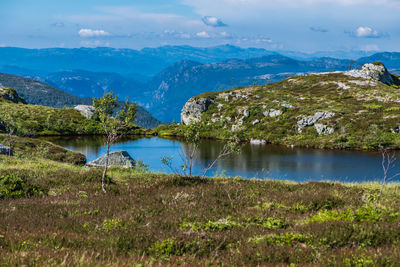 Scenic view of lake and mountains against sky