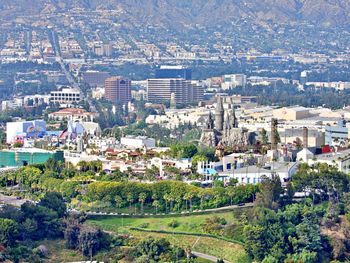 High angle view of buildings in city