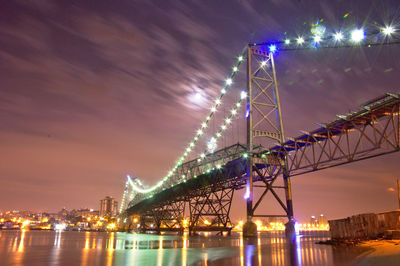 Illuminated bridge over river at night