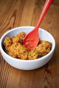 High angle view of food in bowl on table