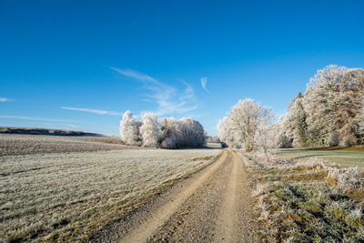 Hay bales on landscape against blue sky