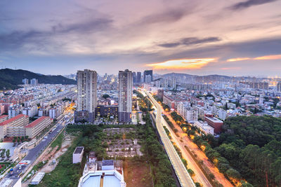 High angle view of cityscape against sky