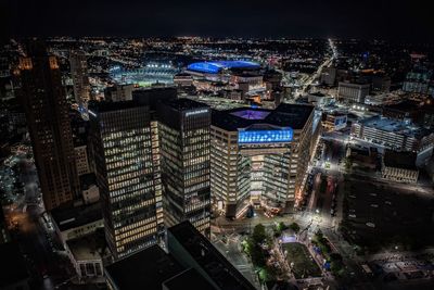 High angle view of illuminated cityscape at night