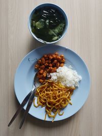 High angle view of food in plate on table