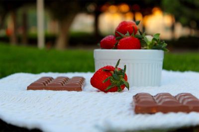 Strawberries with chocolate bars on fabric at lawn