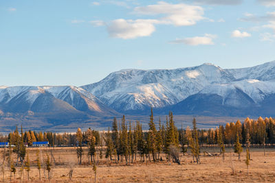 Scenic view of field and mountains against sky