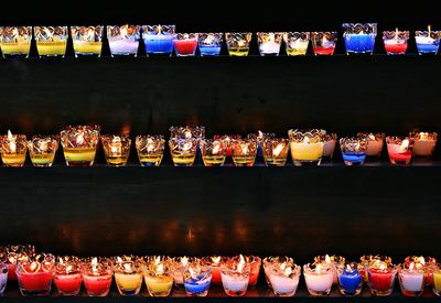 View of illuminated candles on shelf