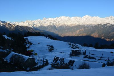 Scenic view of snow covered mountains against sky