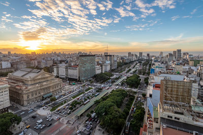 High angle view of townscape against sky during sunset