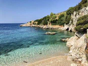 Scenic view of turquoise sea against clear sky from a hidden beach surrounded by cliffs