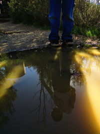 Low section of man standing in puddle