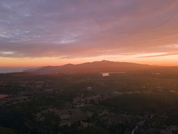 High angle view of townscape against sky during sunset