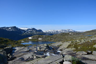 Scenic view of mountains against clear blue sky