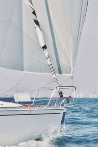 Sailboat sailing in sea against sky