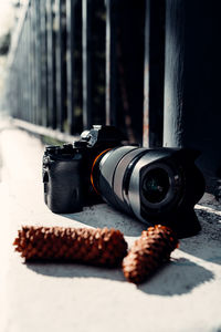 Close-up of camera on table