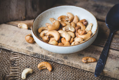 High angle view of cashews on table