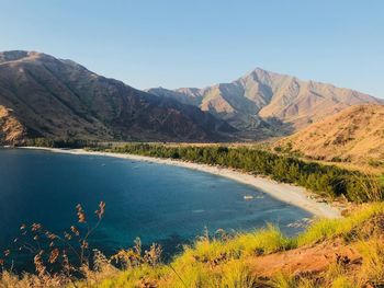 Scenic view of lake and mountains against clear sky