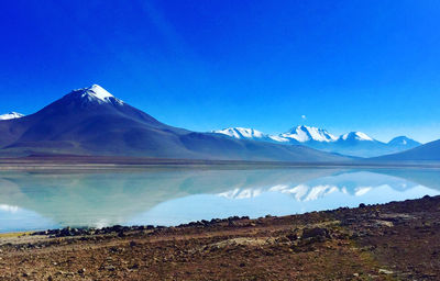 Scenic view of snowcapped mountains against blue sky