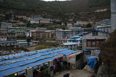 High angle view of houses in town of namche bazar