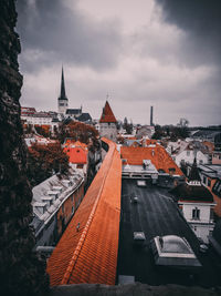 High angle view of buildings in town against sky