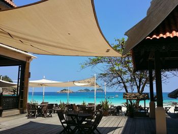 Scenic view of beach against clear blue sky