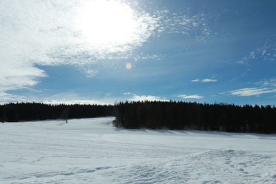 Scenic view of snow covered landscape against sky