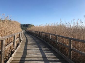 Boardwalk on field against clear blue sky