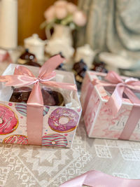 Close-up of christmas presents on table