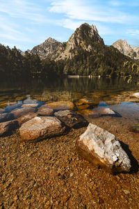 Scenic view of lake and mountains against sky