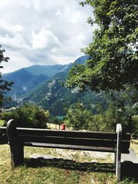 Bench against trees and mountains against sky