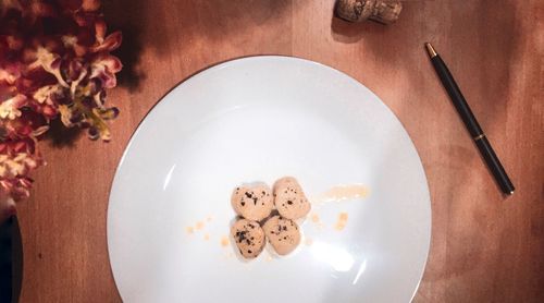 High angle view of ice cream in plate on table