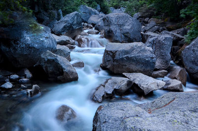 Water flowing through rocks in forest