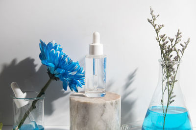 Close-up of beauty products against white background