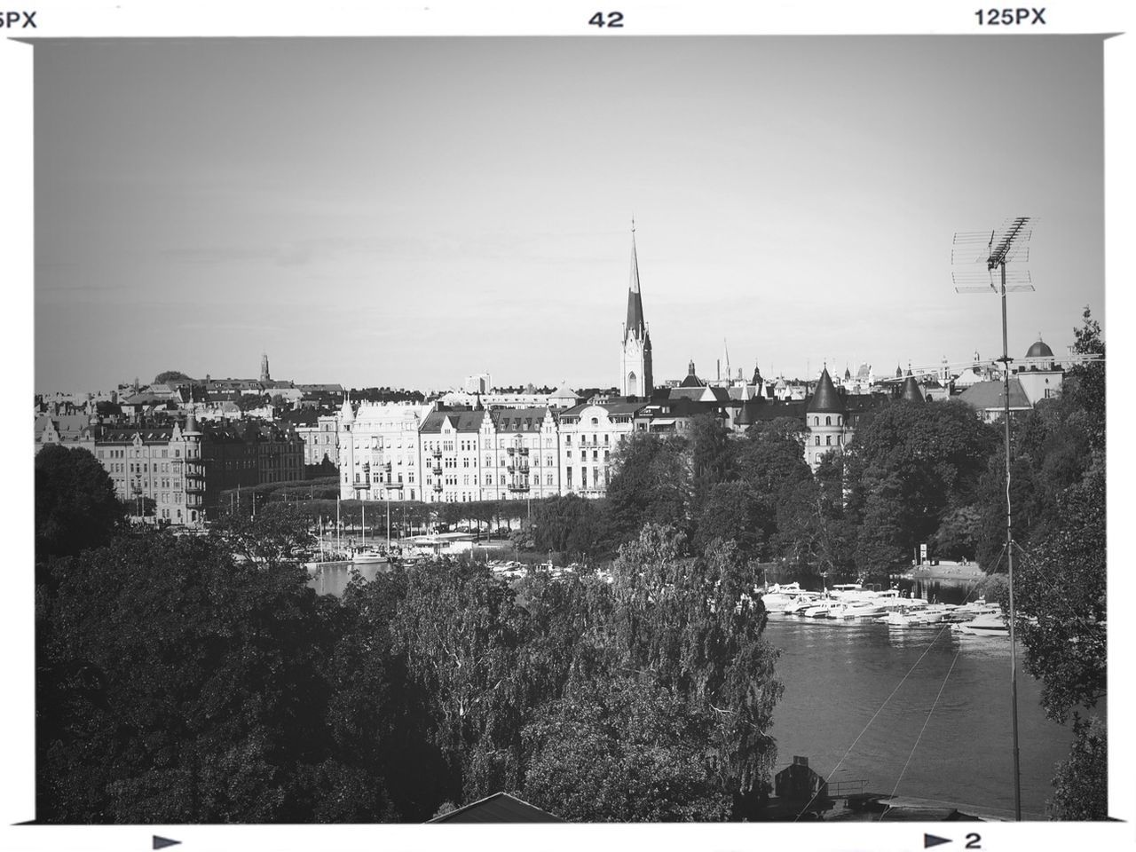 building exterior, architecture, built structure, transfer print, water, tree, nautical vessel, auto post production filter, sky, city, river, clear sky, transportation, tower, waterfront, residential structure, day, house, boat, residential building